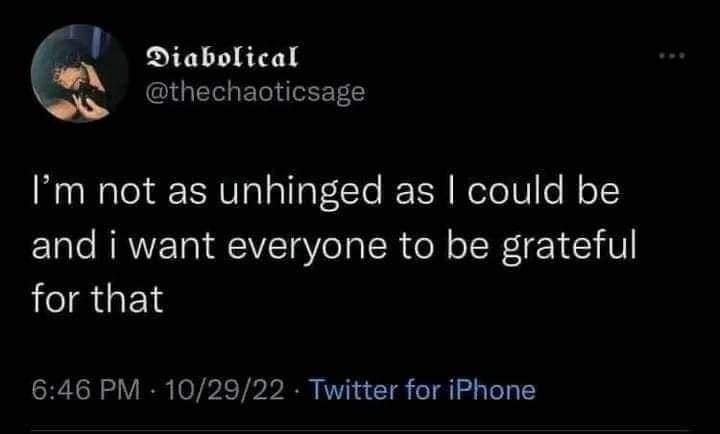 This is your daily reminder that I'm holding back some chaotic energy and you should all be thankful.