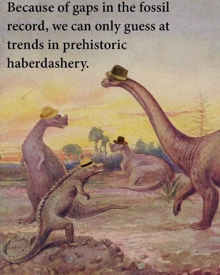 Dinosaurs in hats trying to figure out hat trends from the fossil record lol