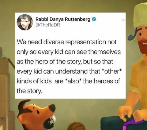 This tweet is basically saying we need to see diverse heroes so everyone learns empathy and not just narcissism lol