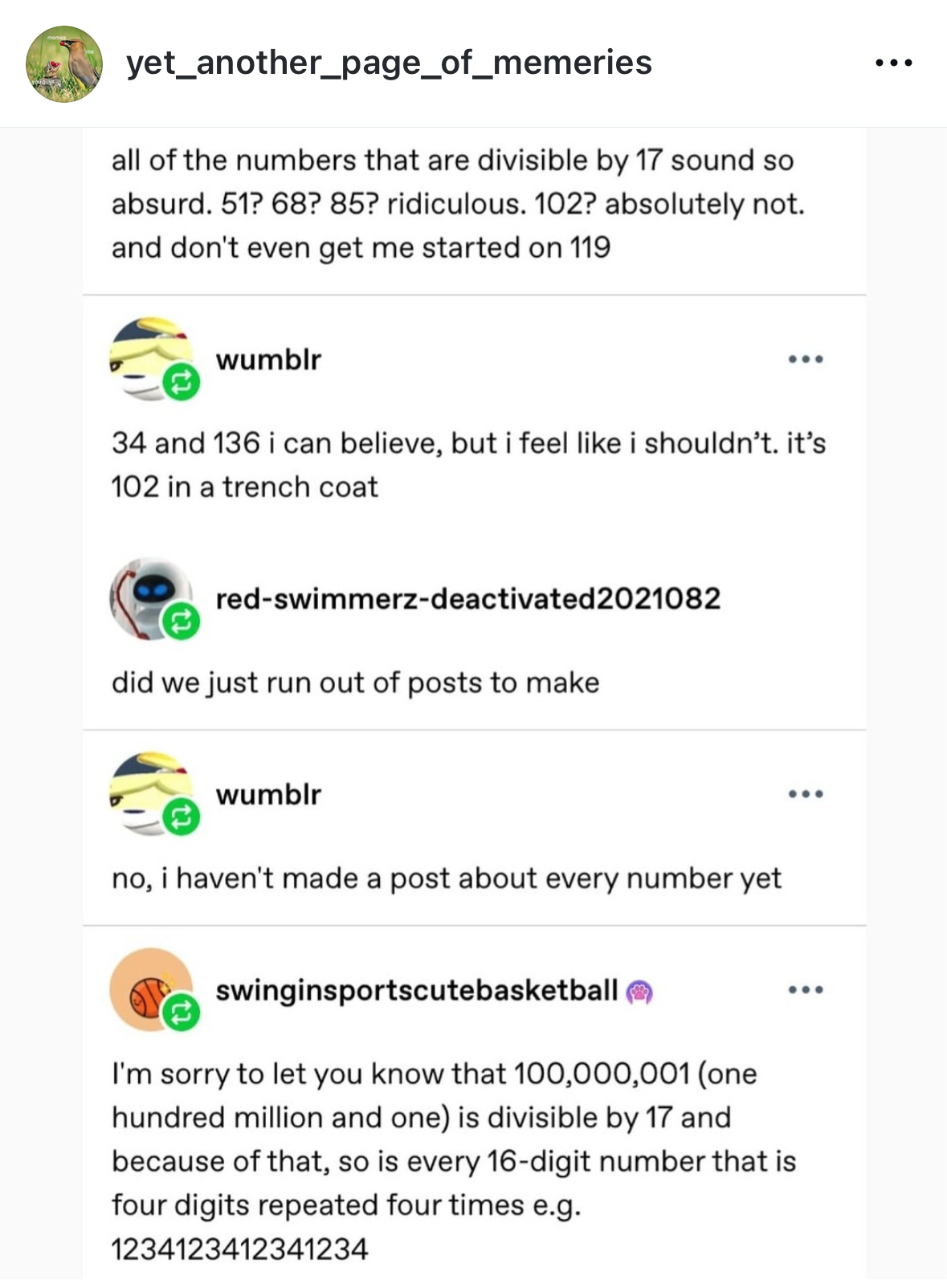 When someone points out that a number you thought was weird is actually divisible by 17