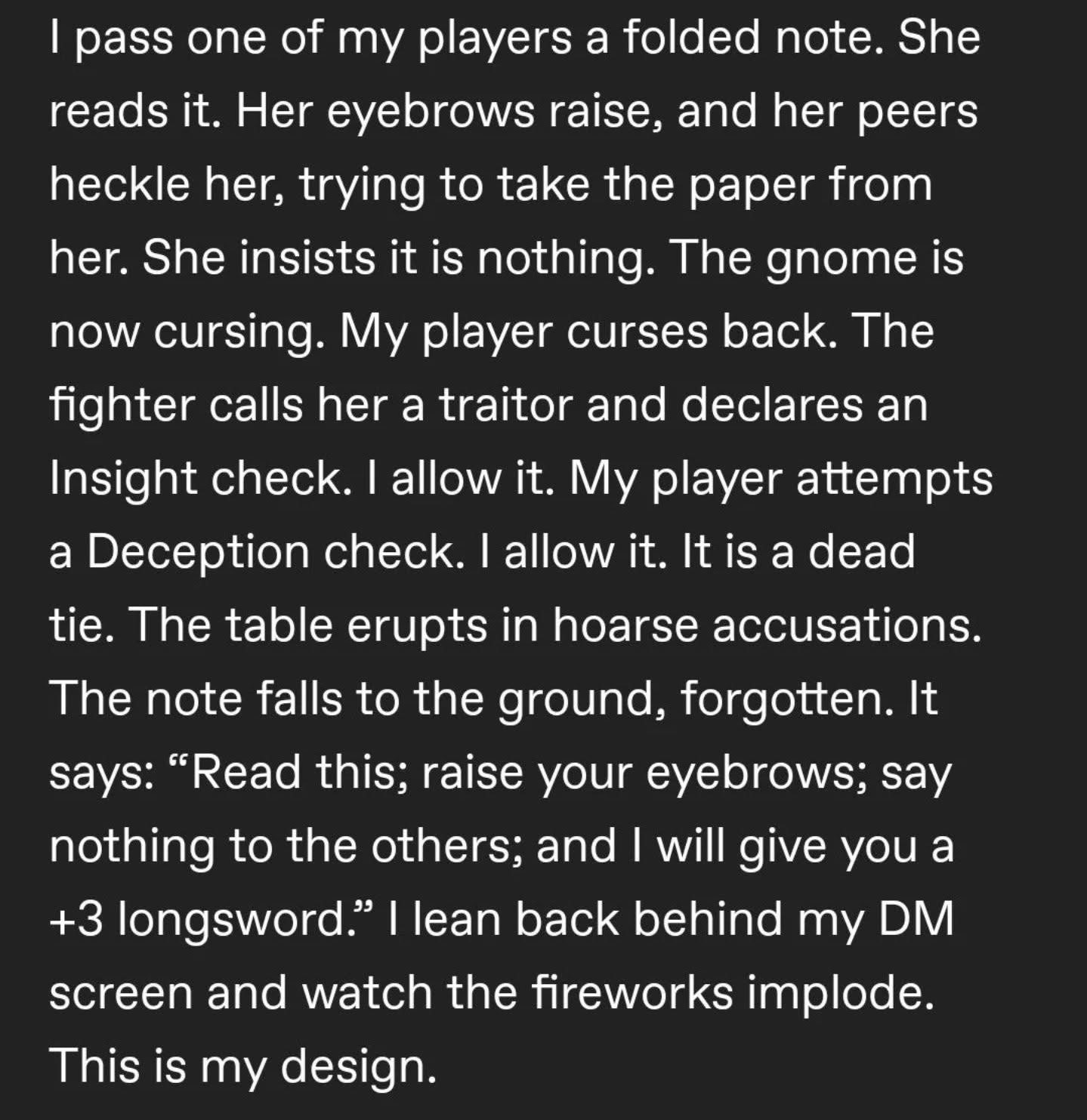 DM hands player a note with secret instructions, causing chaos and accusations at the table. Peak gameplay tbh
