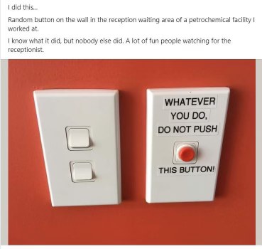 My inner child when I see a random button that says "DO NOT PUSH"