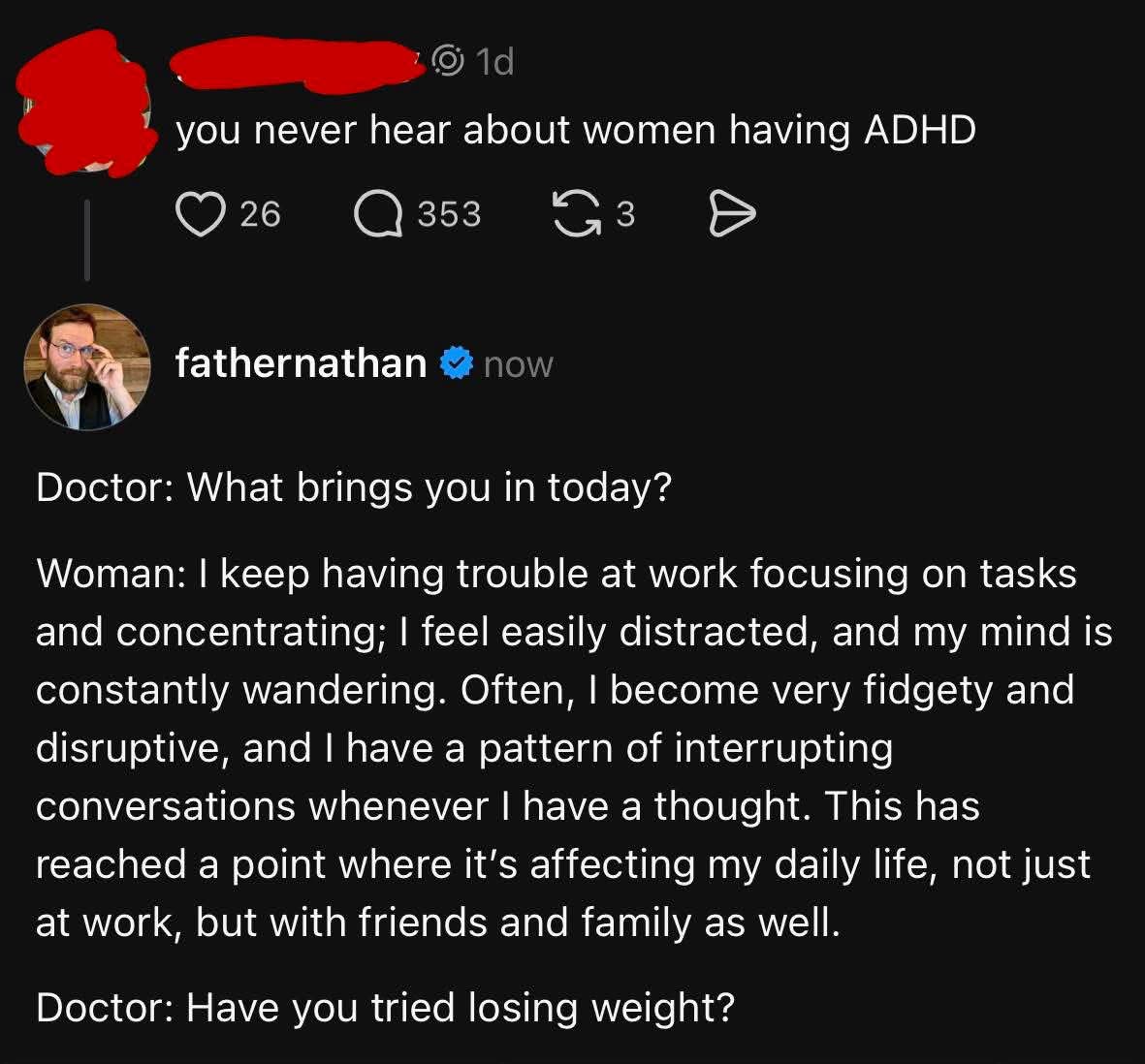 Doctors really out here suggesting weight loss for ADHD symptoms lol