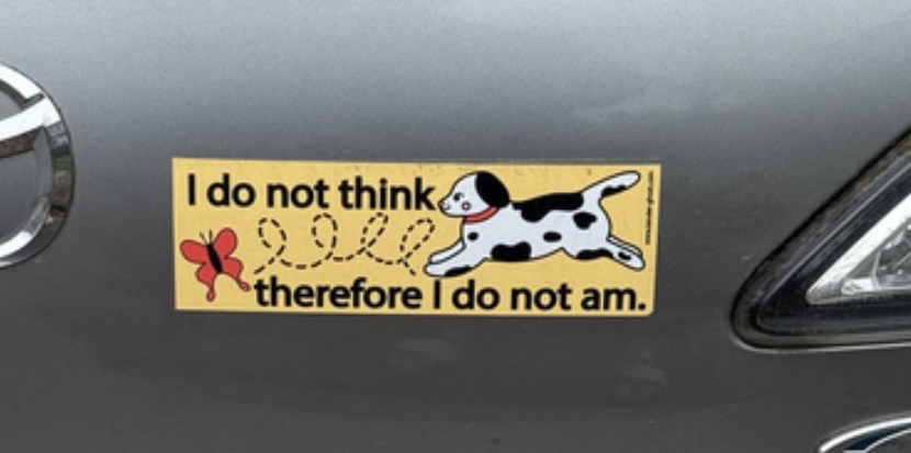 This sticker is basically saying my dog is too dumb to exist lol