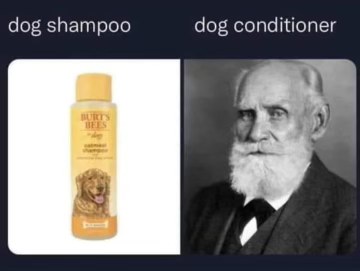 One is for cleaning my dog, the other is my dog after I try to put conditioner on him. Why is this man so serious?