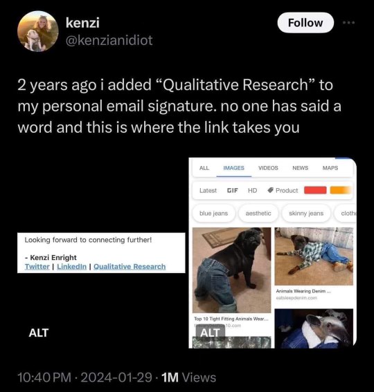 Added 'Qualitative Research' to my email signature two years ago, and someone finally clicked it. Apparently, it just leads to dogs in jeans.