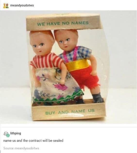 When the dolls are so blank they come with a contract to name them