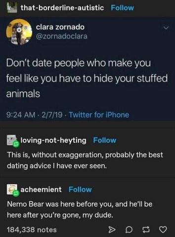 Don't date people who make you hide your stuffed animals. Apparently Nemo Bear is a ride-or-die.