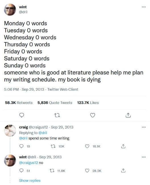 Me creating a fictional writing schedule where clearly I am not writing anything
