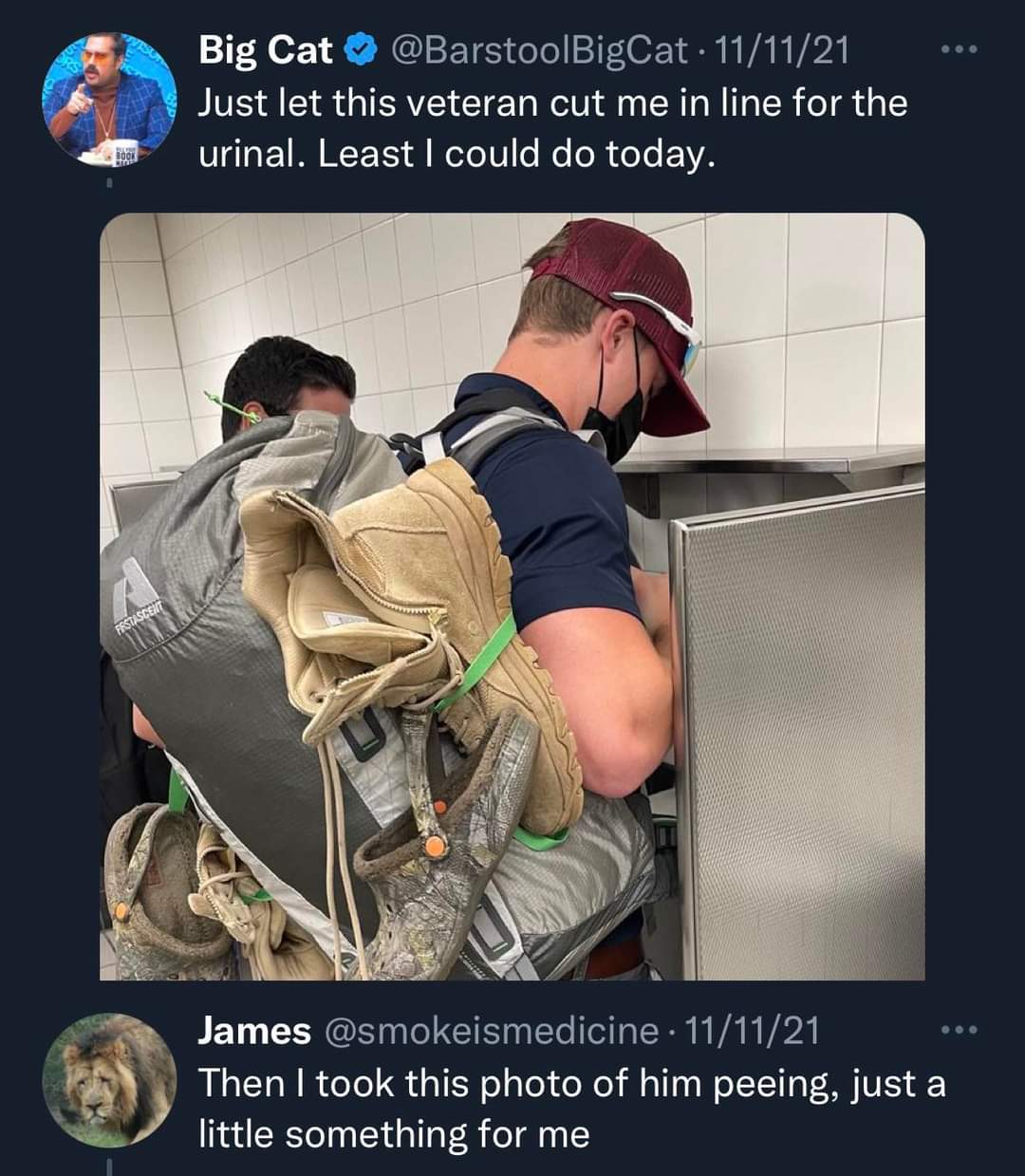 Dude is so decked out in gear, he looks like he's about to rappel down the toilet.