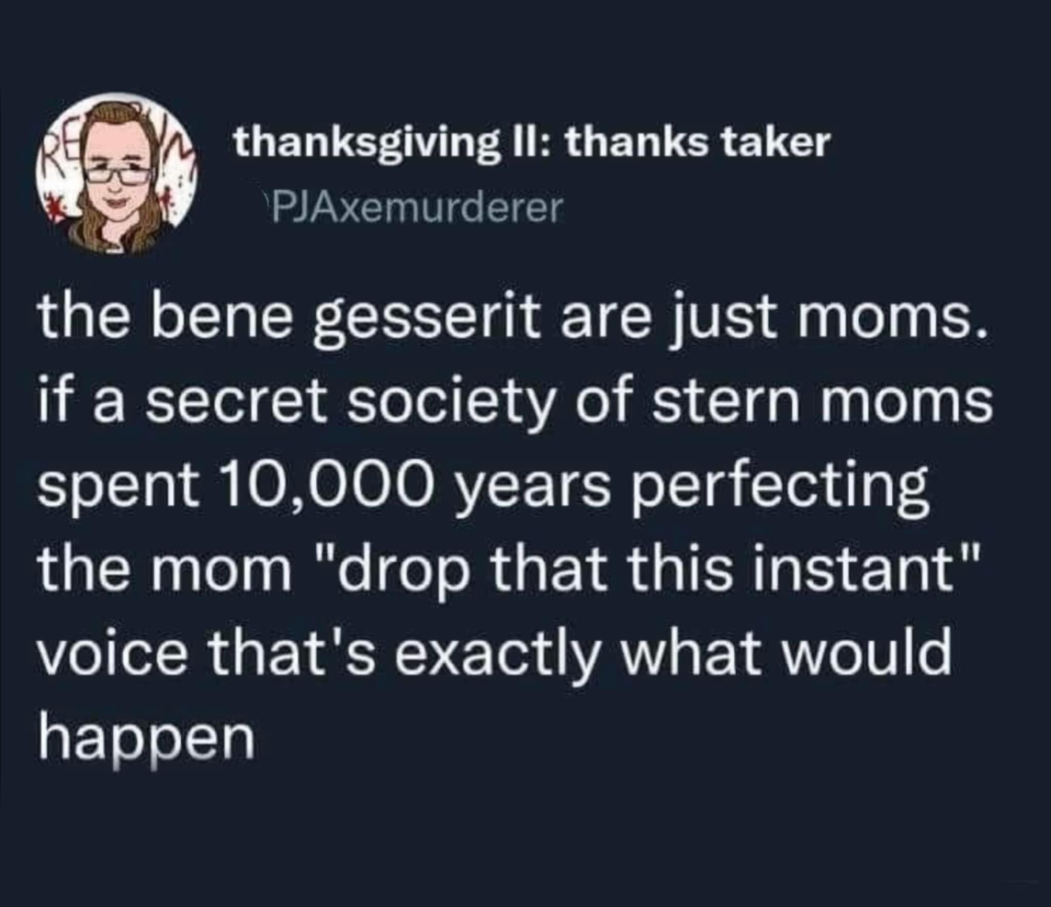 LOL the Bene Gesserit are literally just moms who perfected the 'drop that this instant' voice over 10,000 years.