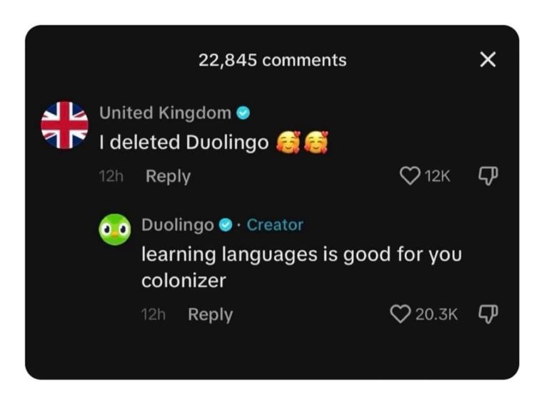 Duolingo really said 'learning languages is good for you colonizer' to the UK account. Yikes.