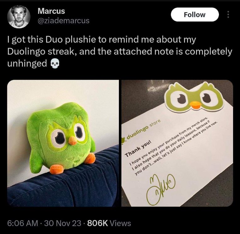 Duolingo is out here threatening people with their plushie notes, this is actually terrifying lol