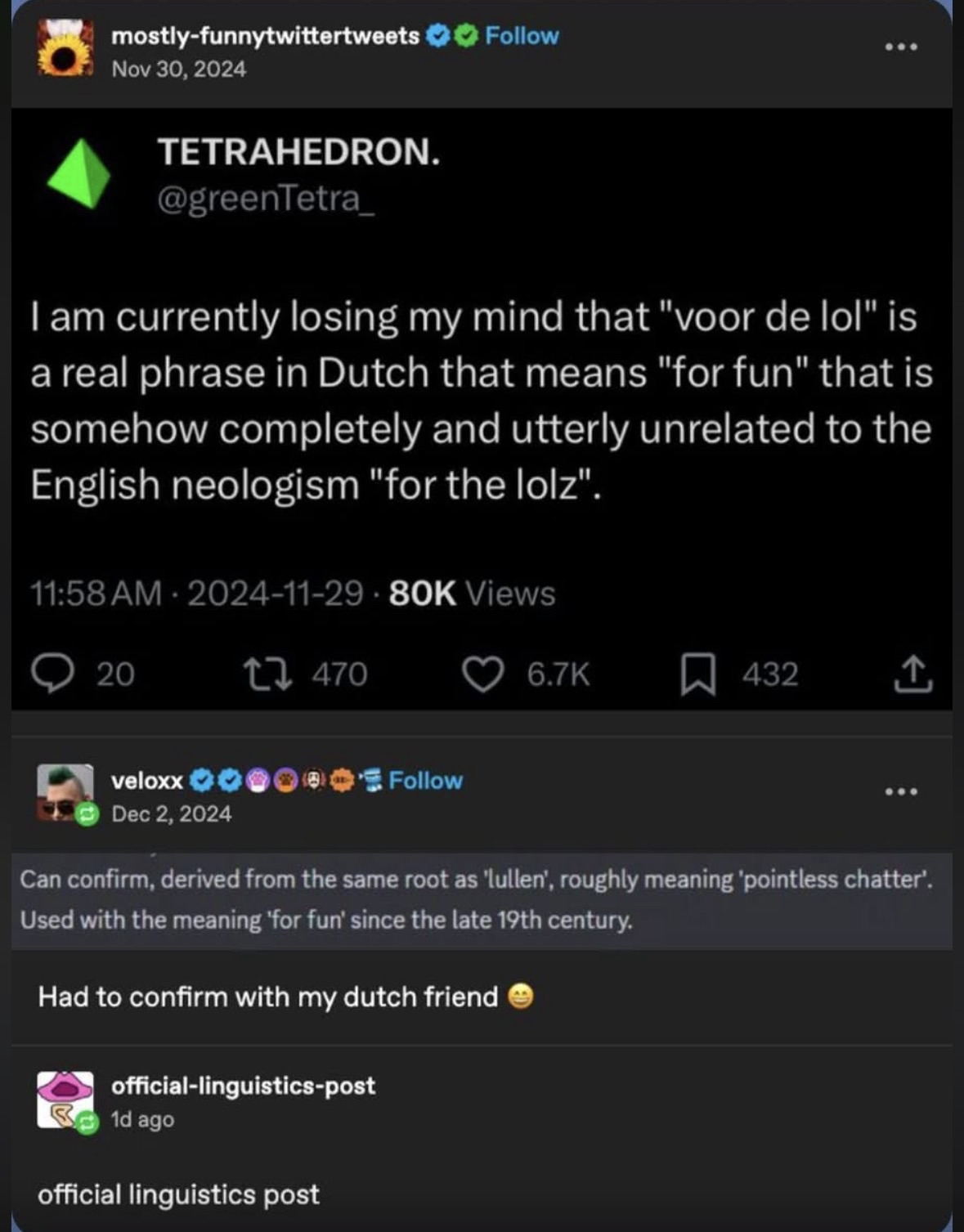 When you find out 'voor de lol' which means 'for fun' in Dutch has nothing to do with 'for the lolz'.