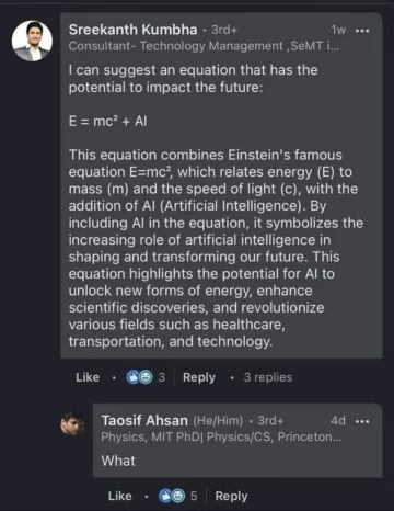 When you seriously try to explain AI's impact by adding it to E=mc² and someone just says 'What'