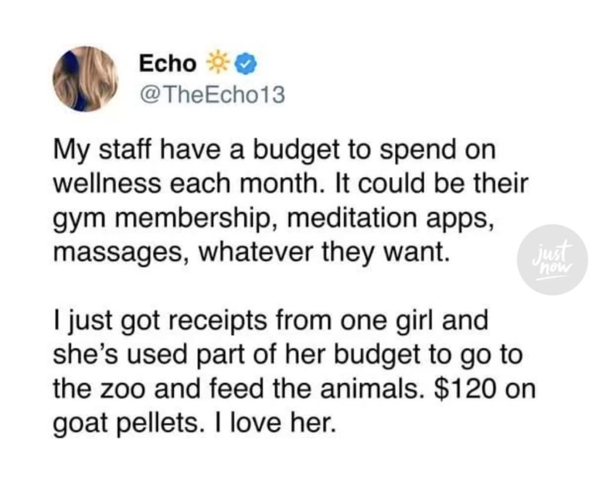 When your wellness budget is best spent on goat pellets at the zoo