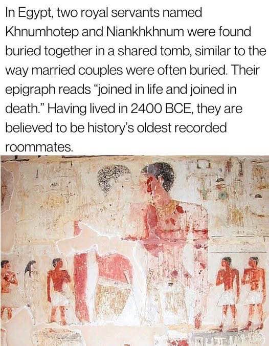 So apparently the oldest recorded roommates were from Egypt and died in 2400 BCE. Sounds about right.