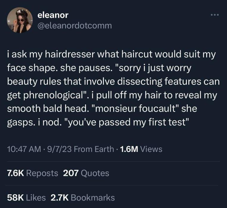 Me asking my hairdresser for a haircut and then revealing my bald head to assert dominance.