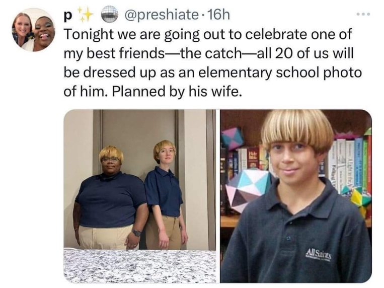 This friend group really committed to the elementary school photo theme for their friend's birthday. The bowl cut is on point.