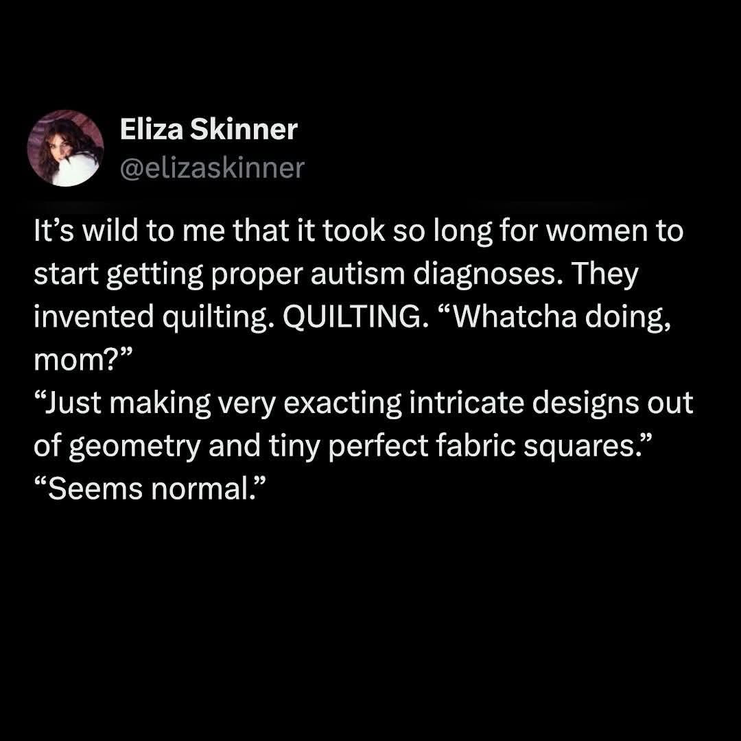Apparently quilting is just a coded autism behavior because women weren't diagnosed early enough. I can't.
