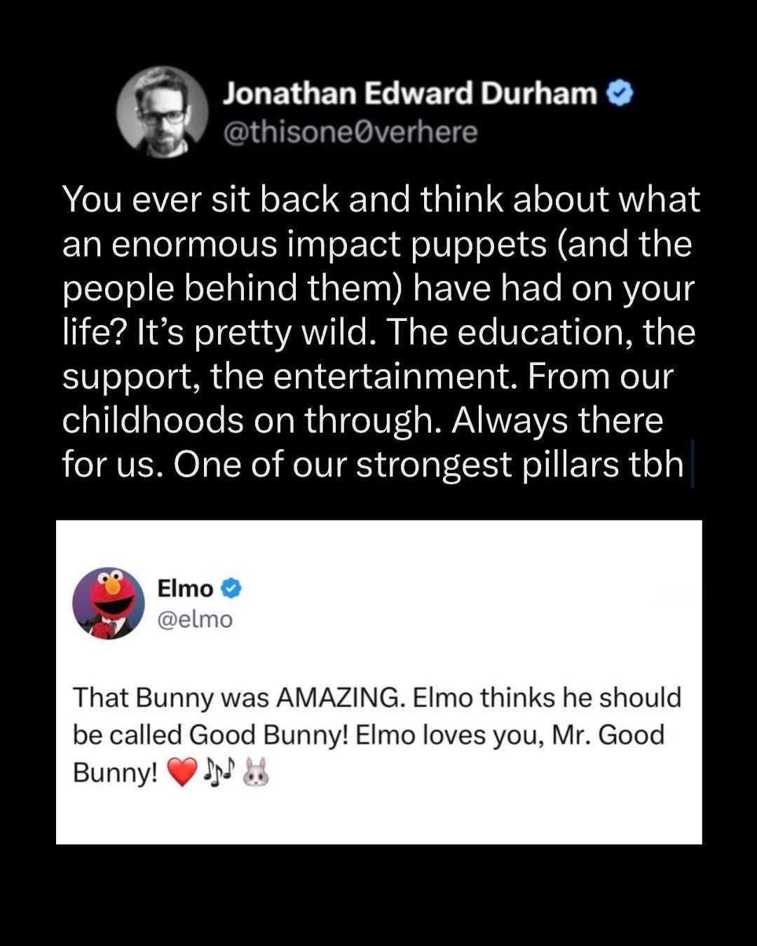 Elmo giving praise to Mr. Bunny. Someone's a good boy!