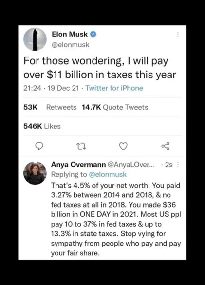 Elon Musk tweets he's paying $11 billion in taxes, and then this reply comes in with the receipts.
