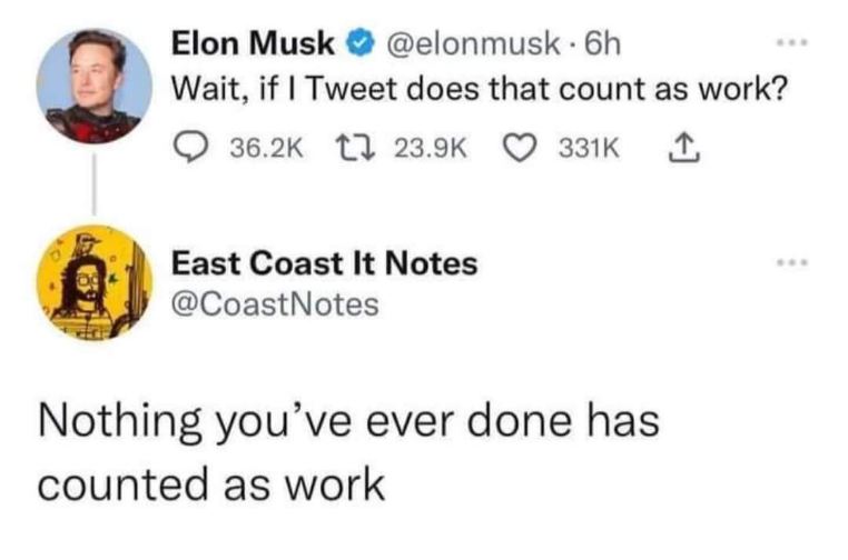 Elon Musk asking if tweeting counts as work and someone replying that nothing he's done has counted as work
