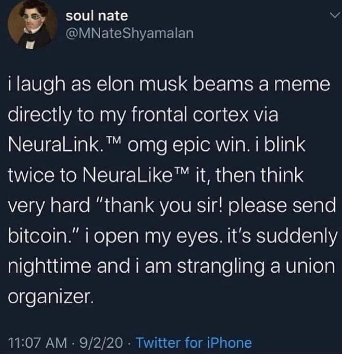 Wait, so Elon Musk's Neuralink is supposed to send memes but ends up making me strangle a union organizer? LOL what