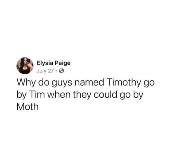 Why would anyone choose Tim when they could be called Moth? This is genius.