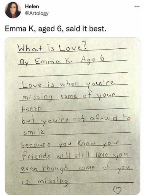 This 6-year-old's definition of love is surprisingly deep, talking about acceptance even when you're missing parts.