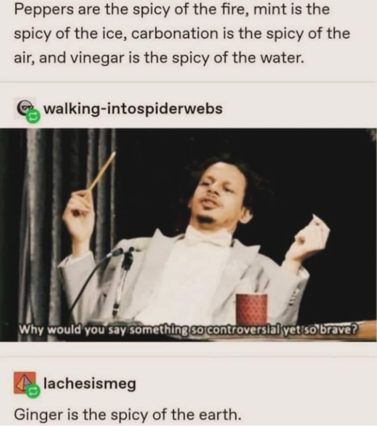 Wait, 'spicy of the water' is vinegar?? And then someone adds 'spicy of the earth' is ginger. This whole thread is wild.