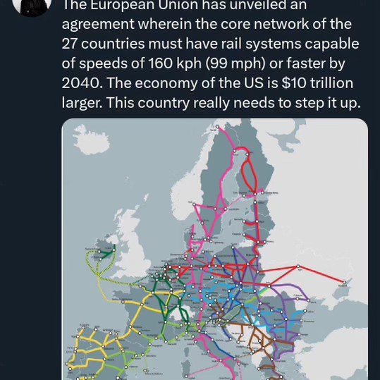 EU is upgrading its railways to 160 kph and we're just over here like "chugga chugga choo choo"