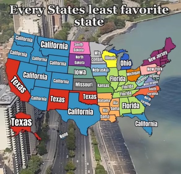 Apparently California and Texas are everyone's least favorite states, but at least one state chose 'None' lol