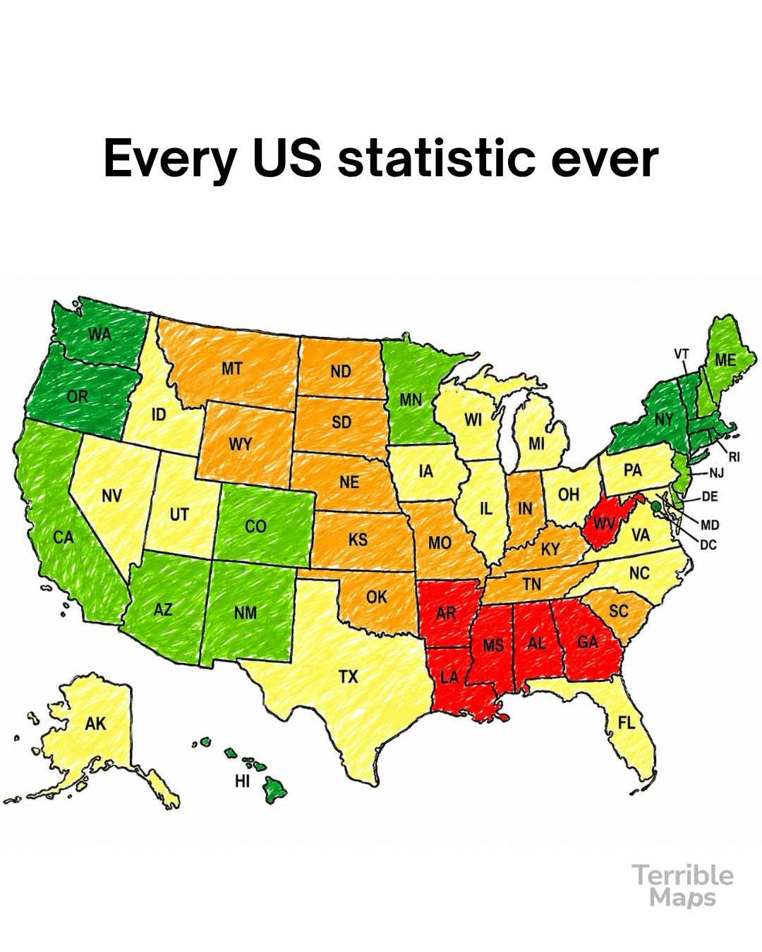 This map is literally every US statistic I've ever seen, why are they all colored like this??