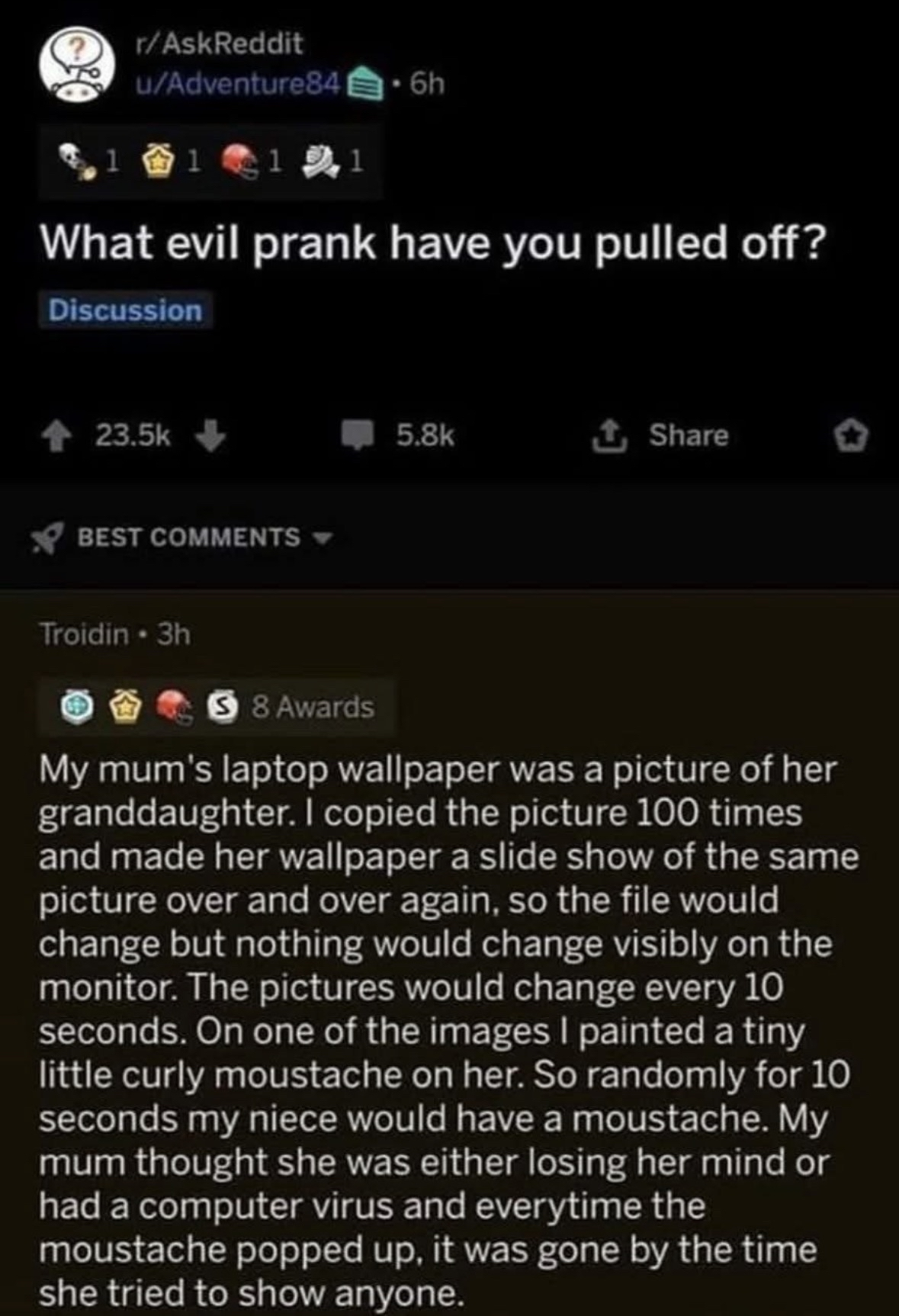 This person pranked their mom by making her granddaughter's wallpaper a slideshow where a mustache randomly appears for 10 seconds, making her think she's going crazy or has a virus.