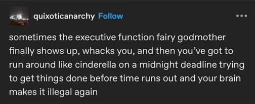 When your executive function fairy godmother shows up and you have to do everything Cinderella-style before the deadline hits.