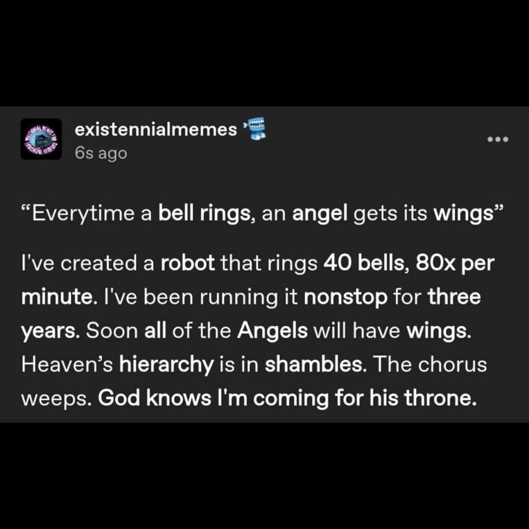 This person is mass producing angels by building a bell-ringing robot and is basically coming for God's throne lol