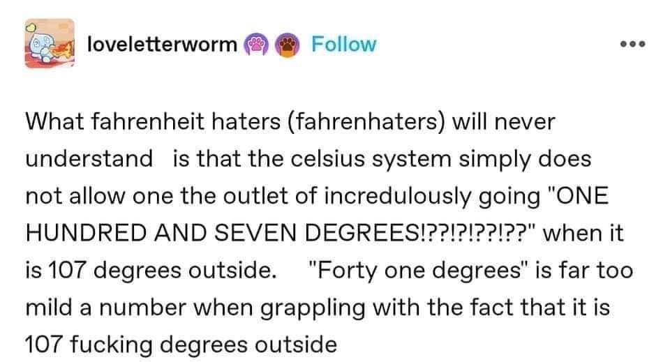 Celsius just doesn't hit the same when you want to scream about how hot it is