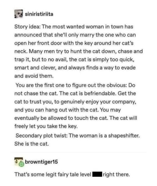 Wait, the woman IS the cat? This fairy tale just got a whole lot weirder.