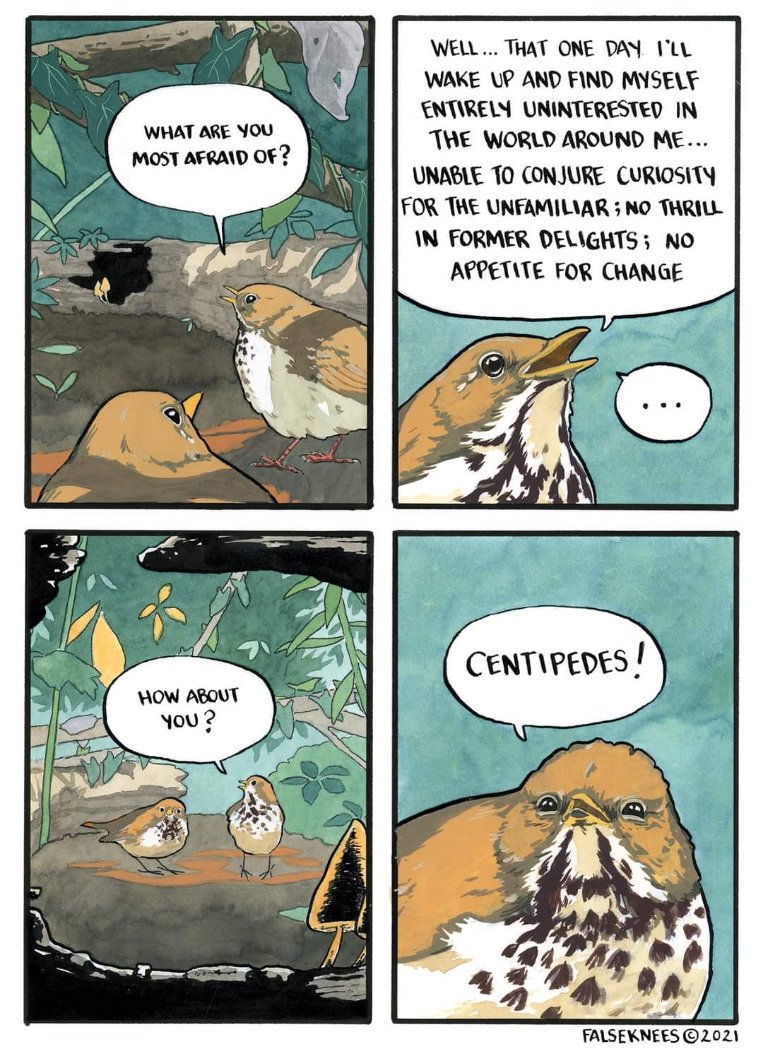 My existential dread is a bit much, but honestly, centipedes are the real monsters.