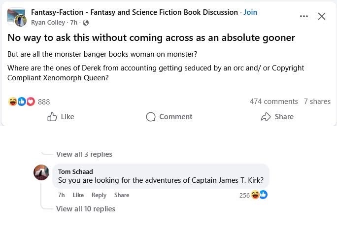 Asking for specific kinds of monster romance books like you're afraid someone will judge you, then someone else replies with Captain Kirk lol