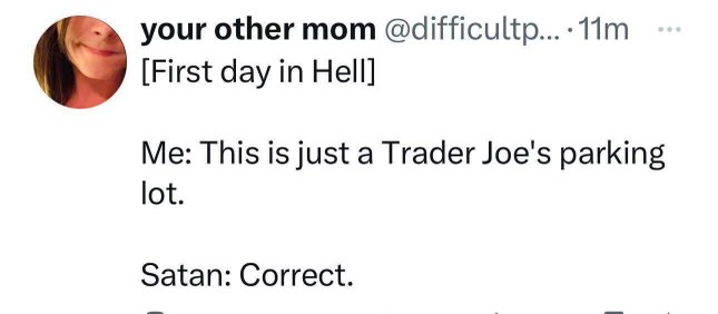 Me thinking the first day in Hell is just a Trader Joe's parking lot. And Satan confirms.