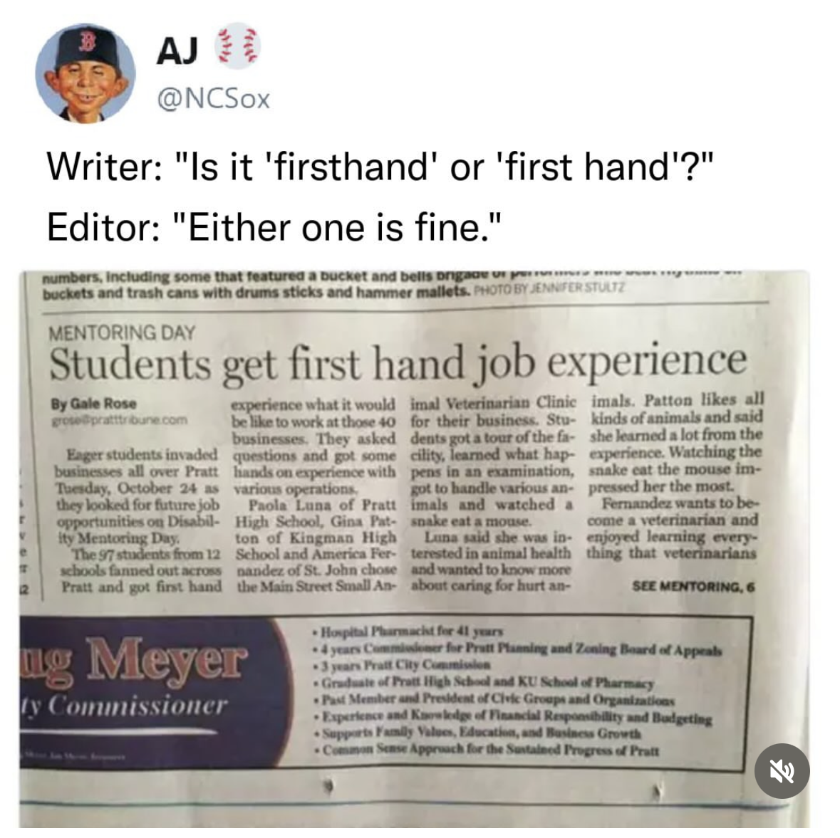 When the editor really doesn't care about the difference between 'firsthand' and 'first hand'