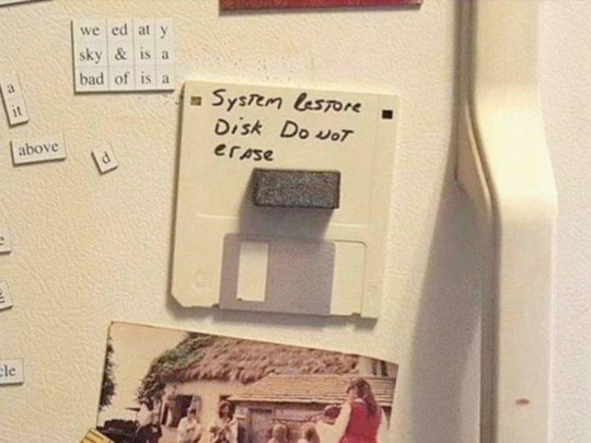 Someone really tried to save their system restore disk on a floppy. The struggle was real back then.