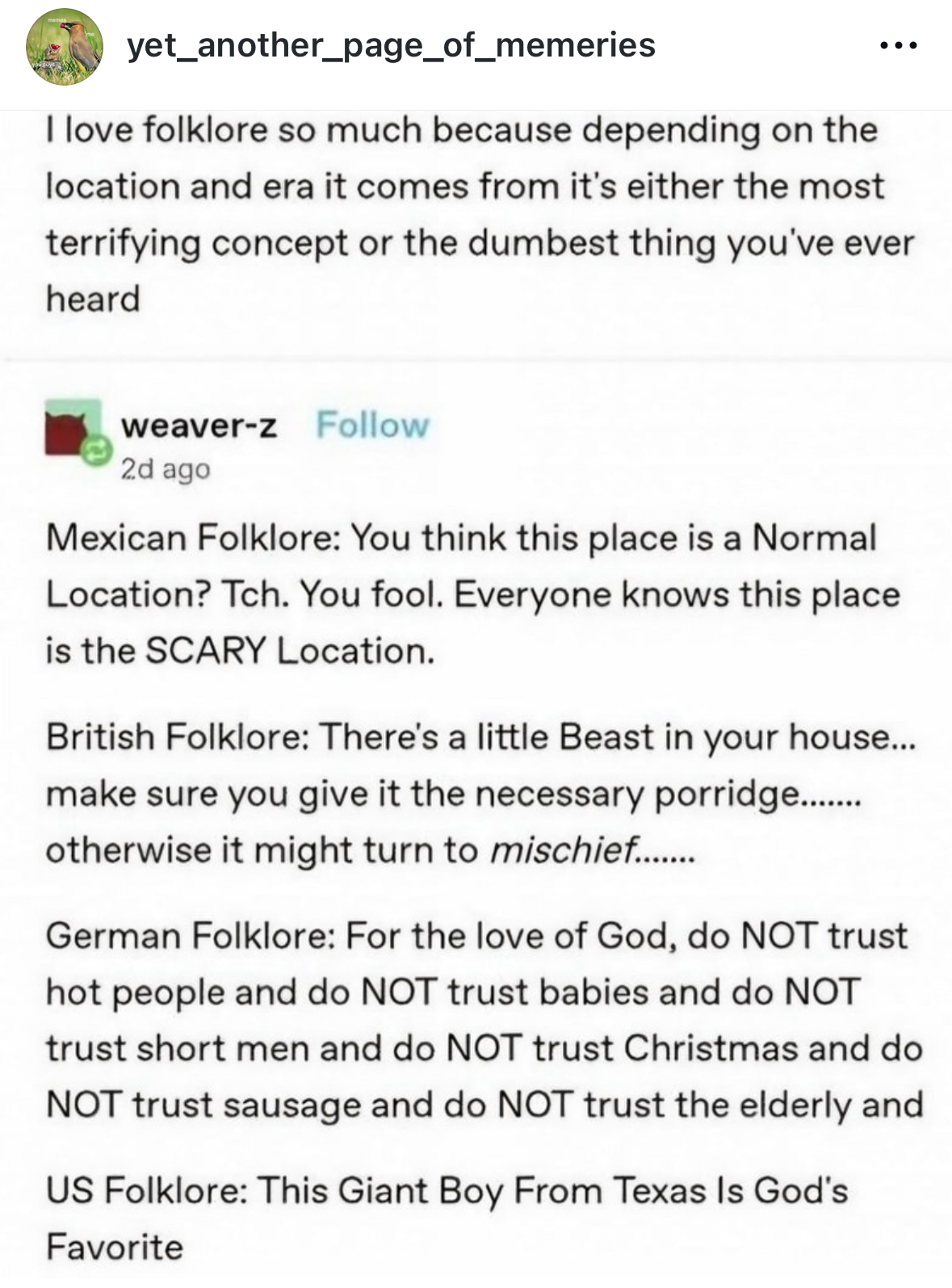 This is cracking me up, the folklore differences are wild