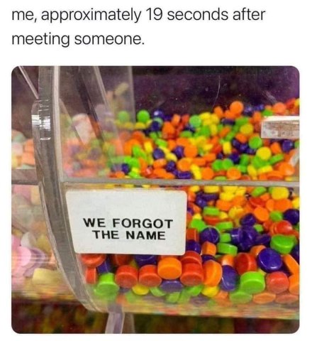This is literally me 19 seconds after meeting someone new, forgetting their name immediately.