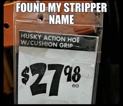 Apparently my stripper name is Husky Action Hoe W/Cushion Grip.
