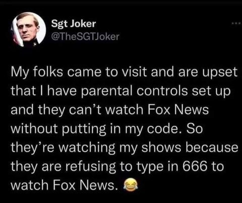 My parents refused to enter 666 to watch Fox News so now they're watching my Netflix shows instead lol