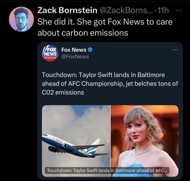 Fox News finally cares about carbon emissions because Taylor Swift took a private jet.