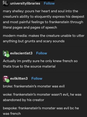 This is how we break down the Frankenstein monster debate: it was evil, he was abandoned, or he was just... French?